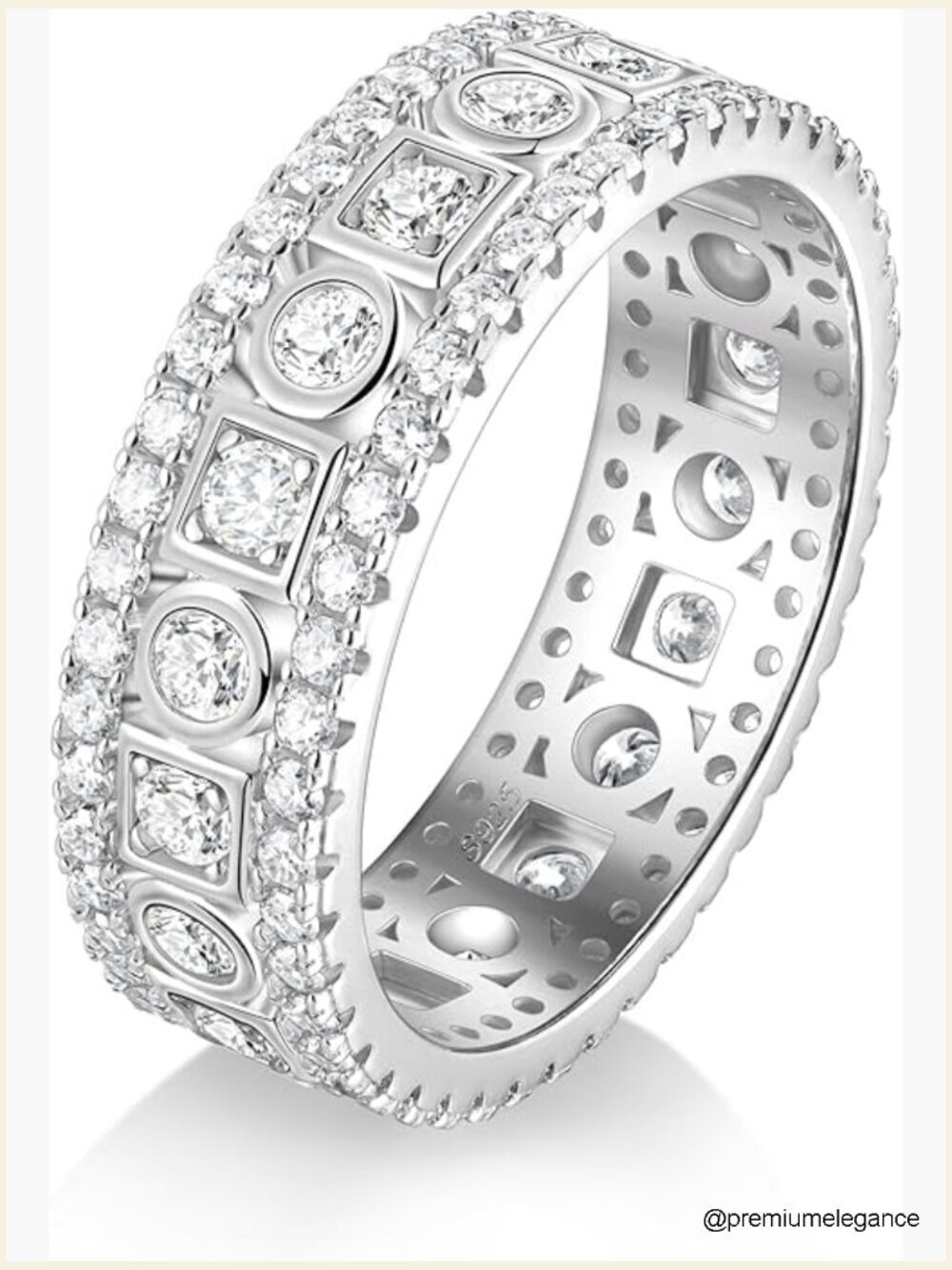 Round Cut Moissanite Eternity Band, Solid Silver, Bezel Setting, Size 5-11